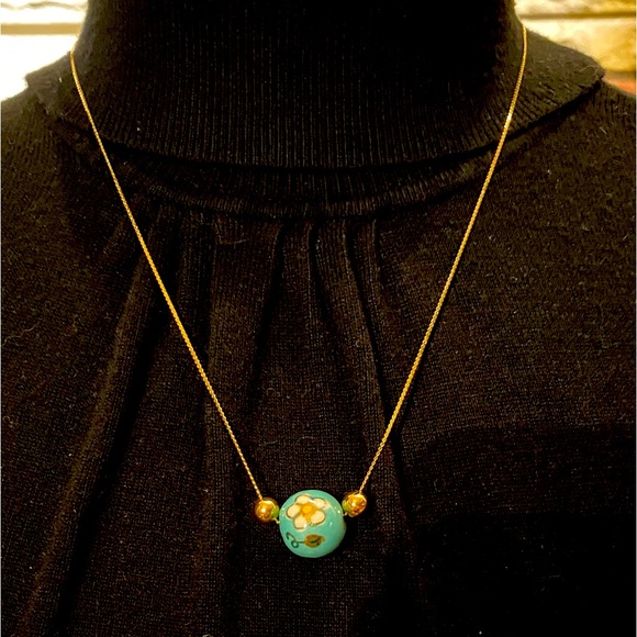 Jewelry - Vintage, Asian, Painted bead, gold plated necklace.